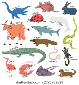 hand drawn vector cartoon illustration set of wildlife animal isolated on white background.