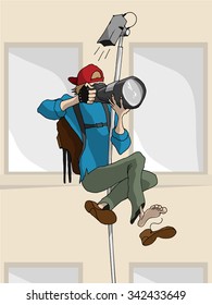 Hand Drawn Vector Cartoon Illustration Of Photographer on CCTV Stand