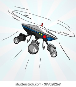 Hand drawn vector cartoon illustration of flying drone with cameras