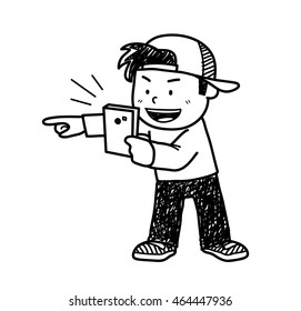hand drawn vector cartoon illustration of a little kid playing video game on his smartphone.