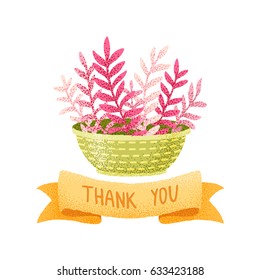 Hand drawn vector cartoon illustration with plant in pot and ribbon. Can be used for greeting card, print, postcard. Isolated on the white background.