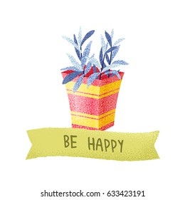 Hand drawn vector cartoon illustration with plant in pot and ribbon. Can be used for greeting card, print, postcard. Isolated on the white background.