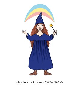 Hand drawn vector cartoon magician girl isolated on white background