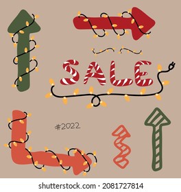 Hand drawn vector  cartoon illustrationsю. Merry Christmas time arrows in a garland for design 