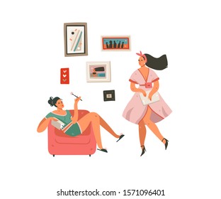 Hand drawn vector cartoon modern graphic business lady girls at home set illustration art isolated on white background