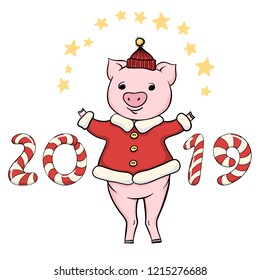 Hand drawn vector cartoon pig and candy cane lettering greeting isolated on white background