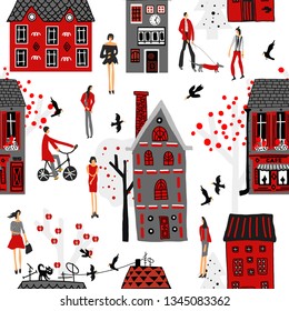 Hand drawn vector cartoon seamless pattern illustration people on the street of city, houses, trees, dog and black cat on the white background