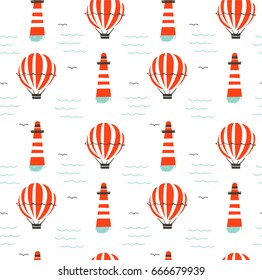 Hand drawn vector cartoon seamless pattern with lighthouse,hot air balloon and sea waves isolated on white background.