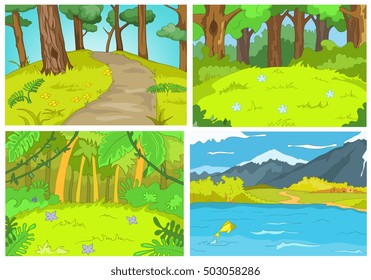 Hand drawn vector cartoon set of summer landscapes. Colourful cartoons of summer backgrounds. Background of summer forest with footpath. Background of mountain lake.