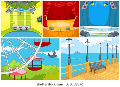 Hand drawn vector cartoon set of backgrounds. Cartoon of theater interior. Colourful cartoon of background of amusement park. Cartoon of embankment. Background of nightclub interior.