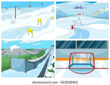 Hand drawn vector cartoon set of sport infrastructure. Cartoon background of ice skating rink. Cartoon background of mountains with ski slopes and ski lifts. Cartoon background of ski springboard.