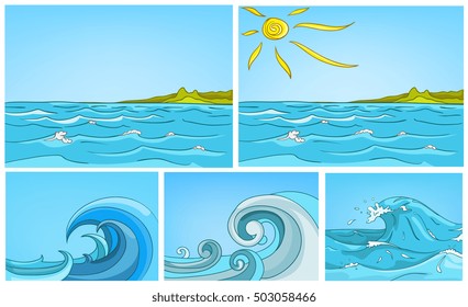 Handgezeichnete Vektorgrafik-Set von Meereslandschaften. Farbige Cartoons mit Meereshintergrund. Vektorgrafik Set von Meer oder Ozean mit blauen Wellen. Illustrationen riesiger heftiger Sturmwellen im Ozean.