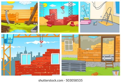 Hand drawn vector cartoon set of construction site. Colourful cartoons of backgrounds of construction sites. Cartoon background of building urban and rural houses. Background of apartment renovation.