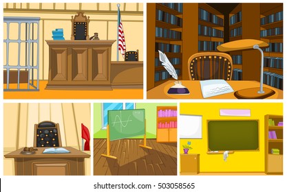 Hand drawn vector cartoon set of court and schoolroom interiors. Colourful cartoons of court and schoolroom backgrounds. Background of courtroom interior. Background of classroom and library interiors