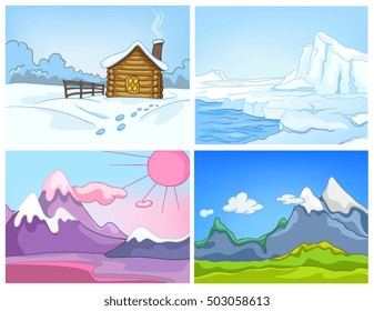 Hand drawn vector cartoon set of winter landscapes. Colourful cartoons of winter backgrounds. Vector cartoon set of landscapes of countryside. Cartoon background of glacier and snowy mountains.