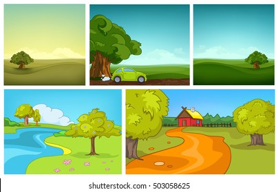 Hand drawn vector cartoon set of summer landscapes. Colourful cartoons of summer backgrounds. Cartoon background of field. Cartoon background of countryside with house. Cartoon background of meadow.