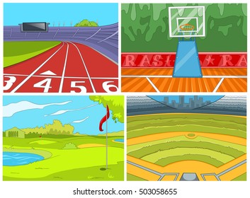 Hand drawn vector cartoon set of sport infrastructure. Colourful cartoons of sport stadiums backgrounds. Cartoon background of golf course. Cartoon of basketball court, baseball field, running tracks.