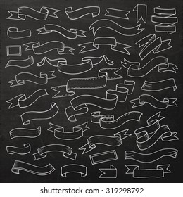 Hand drawn vector cartoon hand drawn sketchy chalkboard ribbon banners elements set