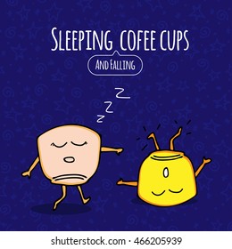Hand drawn vector cartoon sleeping coffee cups on colorful blue background. 