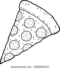 Hand Drawn Vector Cartoon Slice Of Pepperoni Pizza Line Art