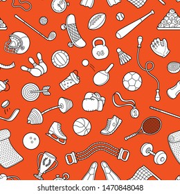 Hand Drawn Vector Cartoon Sport And Fitness Seamless Pattern And Background, White On Red