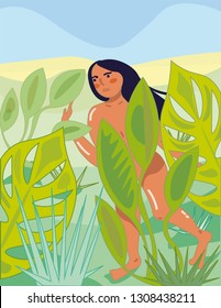 Hand drawn vector, cartoon style,  safari nature, with plant and nude wild women 