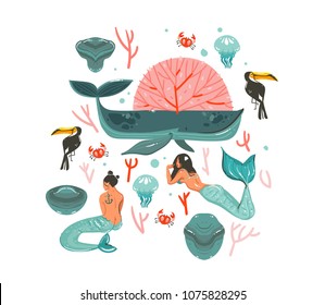 Hand drawn vector cartoon summer time underwater illustration set with coral reef,crab,jellyfish,stones and bohemian mermaid girl characters isolated on white background.