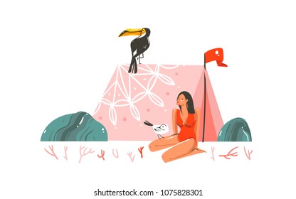 Hand drawn vector cartoon summer time illustration with tent,stones,coral,toucan and bohemian girl character in swimsuit isolated on white background.