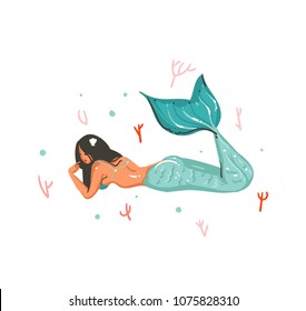 Hand drawn vector cartoon summer time underwater illustration with coral reef and mermaid character isolated on white background.