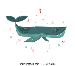 Hand drawn vector cartoon summer time underwater illustration with coral reef and big whale character isolated on white background.