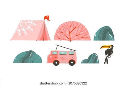 Hand drawn vector cartoon summer time illustrations set, border with tent,stones,camper van bus and toucan isolated on white background.