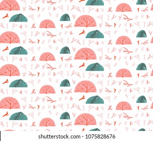 Hand drawn vector cartoon summer time underwater seamless pattern with coral reefs and stones in pink pastel colors isolated on white background.