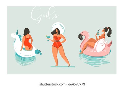 Hand drawn vector cartoon summer time fun beach girls collection illustration set with swimming pool float unicorn and flamingo rings and retro girl in hat with cocktail isolated on blue background.