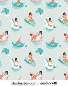 Hand drawn vector cartoon summer time seamless pattern with girls,pool floats,dog,dolphin an surfboard isolated on blue waves background.