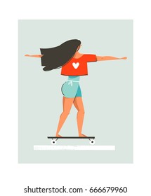 Hand drawn vector cartoon summer time fun illustration with young girl riding on longboard isolated on blue background.