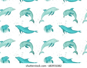 Hand drawn vector cartoon summer time seamless pattern with jumping dolphins in blue colors isolated on white background.