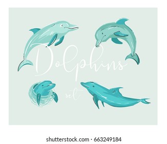 Hand drawn vector cartoon tropical dolphins illustration set in blue colors isolated.