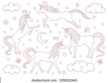 Hand drawn vector cartoon unicorns outline set isolated on white background. Magic creatures with stars, moons, clouds, butterflies, crowns and hearts. Cute children illustration.