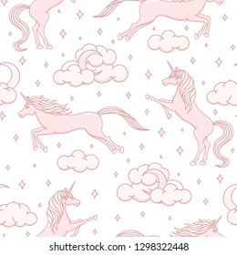 Hand drawn vector cartoon unicorns repeat pattern on white background. Pink magical creatures with stars, moons, clouds and hearts. Cute illustration for children in pastel colors.