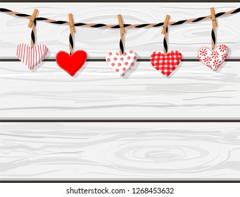 Hand drawn vector cartoon white wooden planks boards texture with handmade textile hearts hanging. St.Valentine's concept