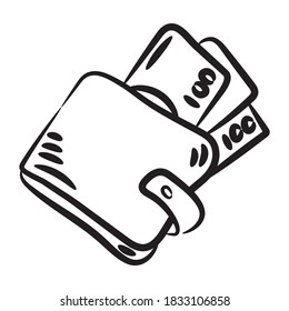 Hand drawn vector of cash wallet, editable icon of wallet having dollars and cards