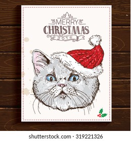 hand drawn vector of cat with christmas hat . Greeting card.