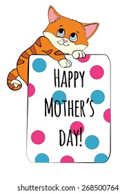 Hand drawn vector cat holding card with text "Happy mother's day"