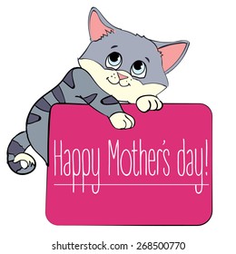 Hand drawn vector cat holding card with text "Happy mother's day"