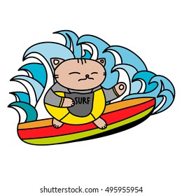 Hand drawn vector cat on a surfing board