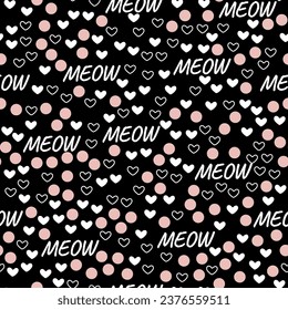 Hand drawn vector cat seamless pattern of meow and hearts