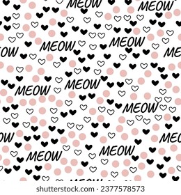 Hand drawn vector cat seamless pattern of meow and hearts