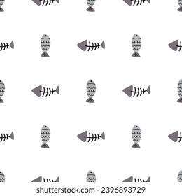 Hand drawn vector cat seamless cartoon fish and fish bone pattern 