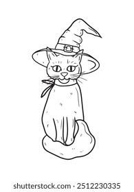 Hand drawn vector cat sitting in a witch hat as a symbol of horror Halloween celebration in black isolated on white. Sketch illustration in doodle engraved vintage line art style. Mystery, animagus