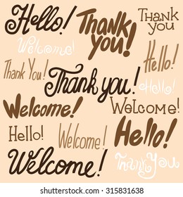 Hand drawn vector catchwords for your design. Thank you, Hello, Welcome. Decorative elements set. Custom hand lettering.